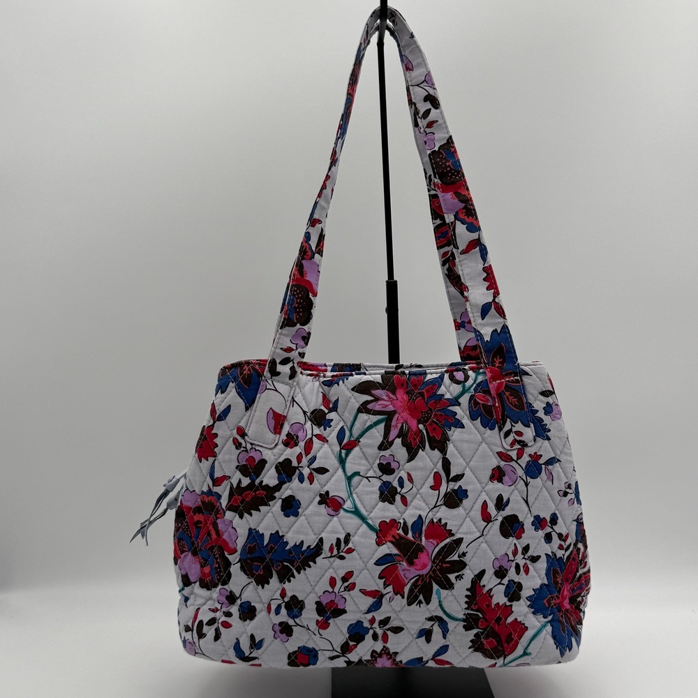 Vera Bradley Floral Quilted Cotton Tote Bag Gray Pink Blue Shoulder Bag